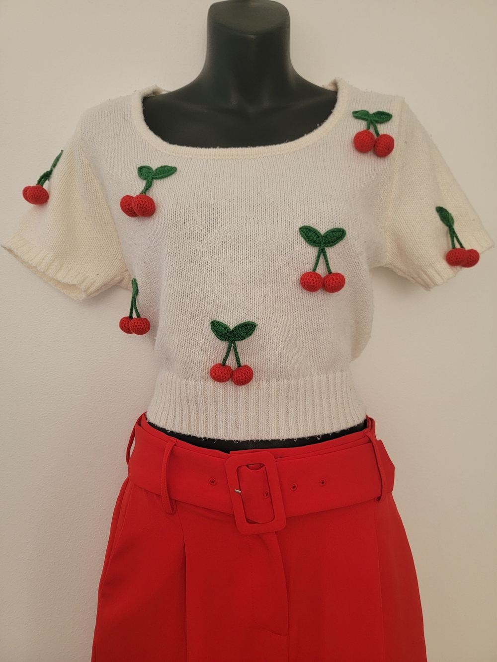 Cream Cherry Appliqué Knit Top - Women